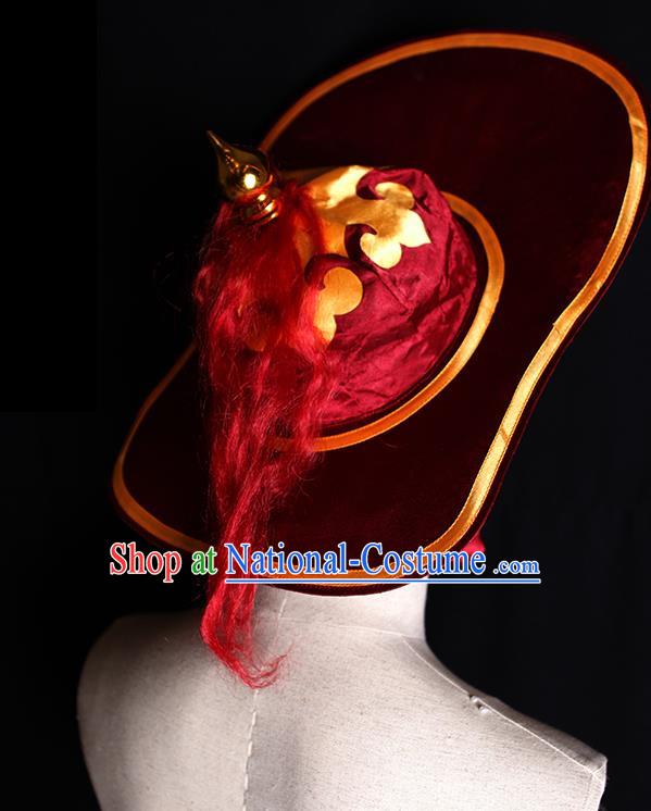 Chinese Handmade Chaozhou Opera Soldier Headdress Beijing Opera Hero Lin Chong Headwear Ancient Swordsman Wine Red Hat