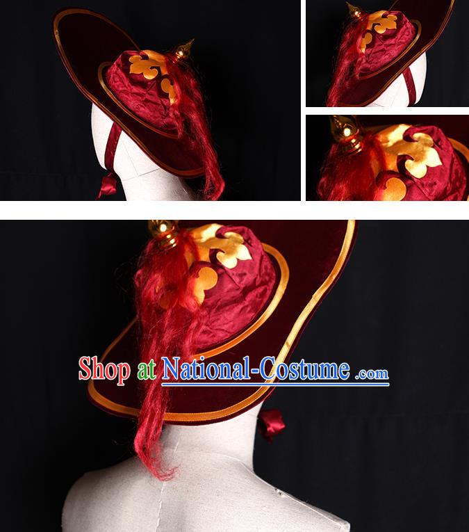 Chinese Handmade Chaozhou Opera Soldier Headdress Beijing Opera Hero Lin Chong Headwear Ancient Swordsman Wine Red Hat