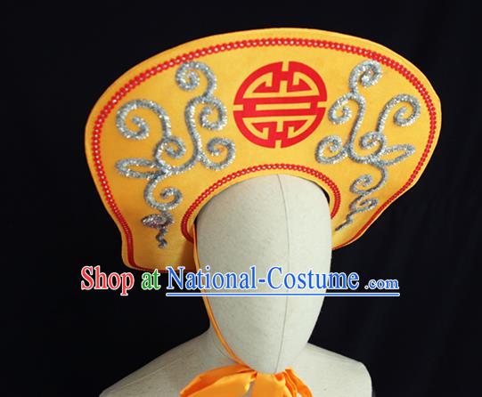 Chinese Ancient Swordsman Yellow Hat Handmade Chaozhou Opera Soldier Headdress Beijing Opera Hero Lin Chong Headwear