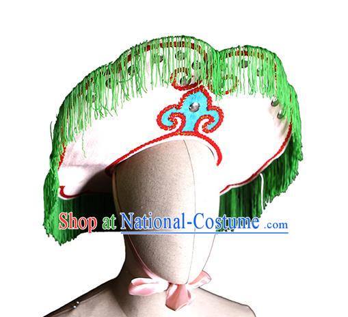 China Ancient Fisher Maiden Headdress Handmade Opera Actress Green Tassel Hat Peking Opera Village Girl Headwear