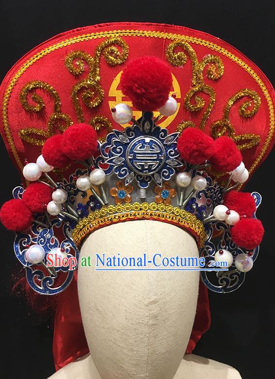 China Peking Opera Female Soldier Headwear Ancient Swordswoman Helmet Headdress Handmade Opera Woman General Red Hat