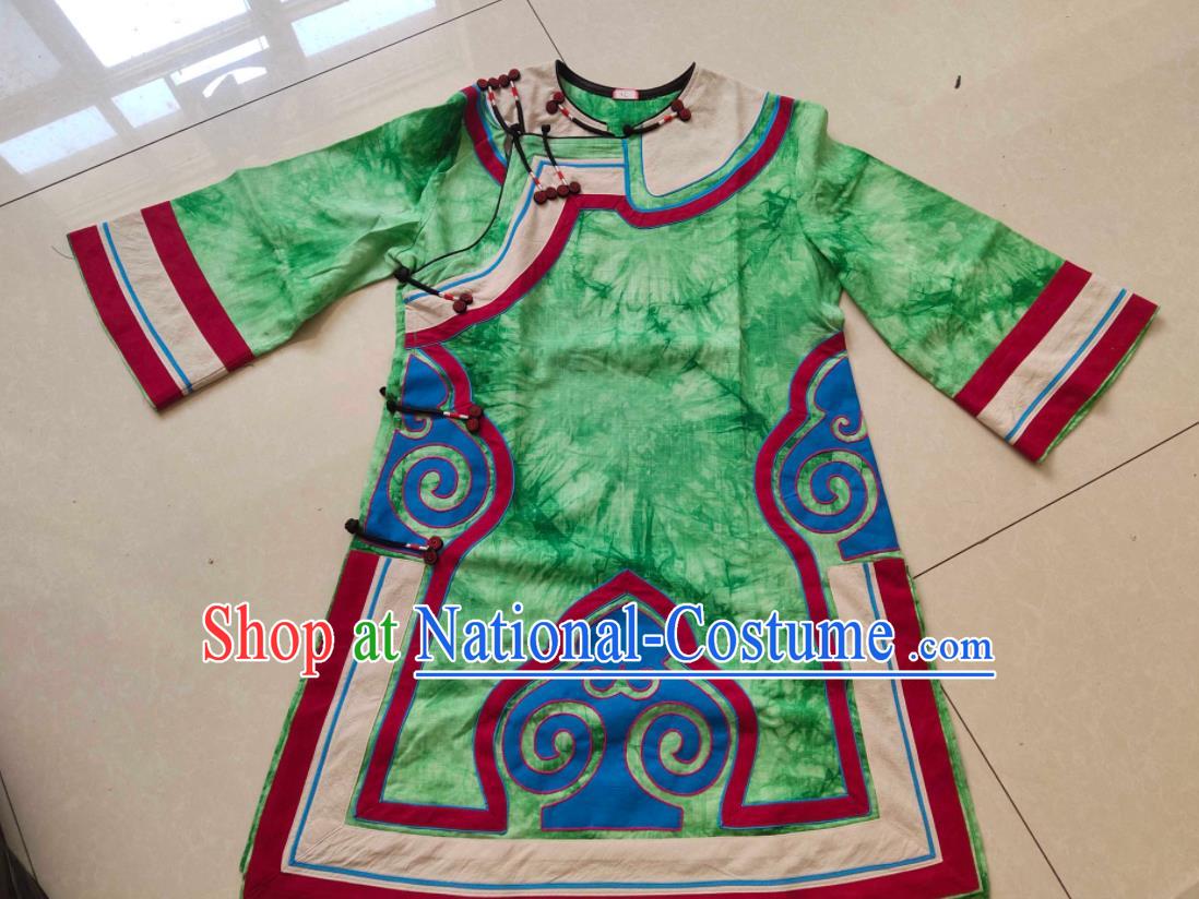 Chinese Ethnic Garment Costume Liangshan National Minority Woman Green Flax Shirt Yi Nationality Dance Clothing