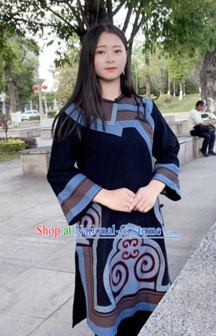 Chinese Yi Nationality Dance Clothing Ethnic Garment Costume Liangshan National Minority Woman Black Flax Shirt