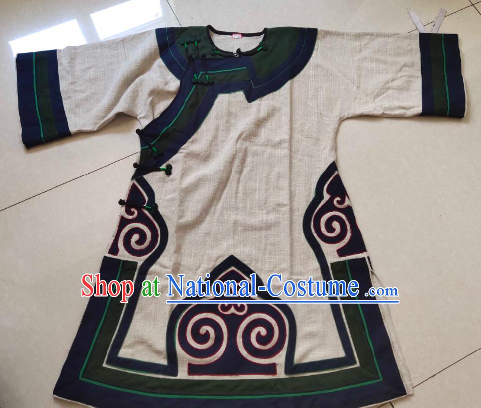 Chinese Yi Nationality Khaki Flax Long Shirt Ethnic Woman Garment Costume Liangshan National Minority Dance Clothing