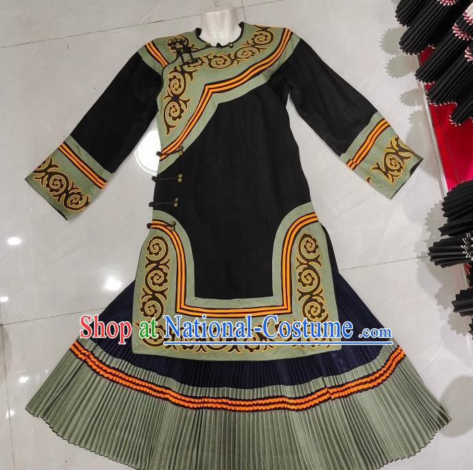 Chinese Liangshan National Minority Black Flax Uniforms Yi Nationality Female Costumes Ethnic Folk Dance Clothing