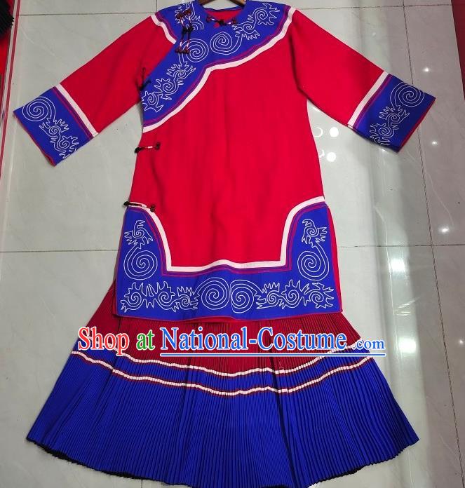 Chinese Ethnic Folk Dance Clothing Liangshan National Minority Red Flax Uniforms Yi Nationality Female Costumes