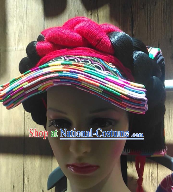 China Liangshan Ethnic Group Festival Braid Hairpieces Handmade Embroidered Tile Hat Yi Minority Woman Folk Dance Cap Headdress