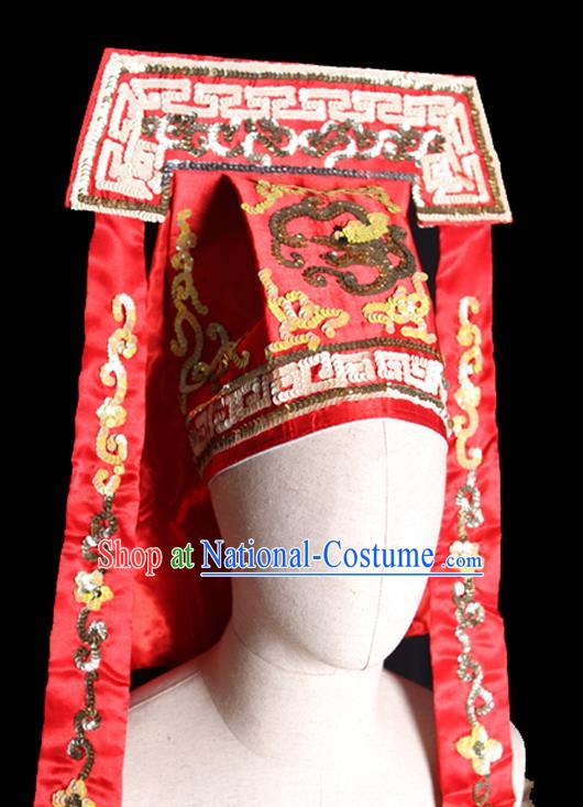 Chinese Handmade Chaozhou Opera Official Headwear Beijing Opera Takefu Red Hat Ancient Imperial Bodyguard Headdress