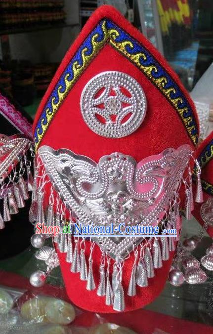 China Liangshan Ethnic Group Girl Dance Headwear Handmade Silver Tassel Red Hat Yi Minority Children Festival Headdress