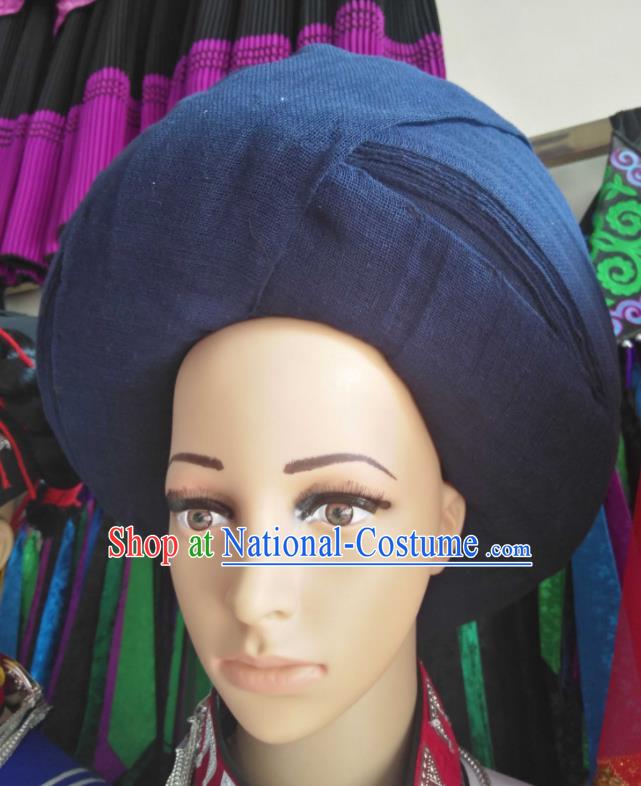 China Yi Minority Country Woman Headdress Liangshan Ethnic Group Female Headwear Handmade Navy Flax Circular Hat