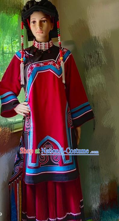 Chinese Yi Nationality Folk Dance Costumes Ethnic Wedding Bride Clothing Liangshan National Minority Woman Red Uniforms