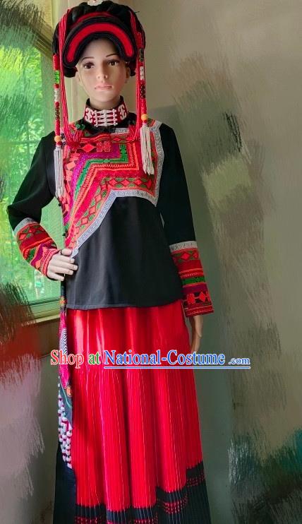 Chinese Liangshan National Minority Woman Uniforms Yi Nationality Folk Dance Costumes Ethnic Festival Performance Clothing