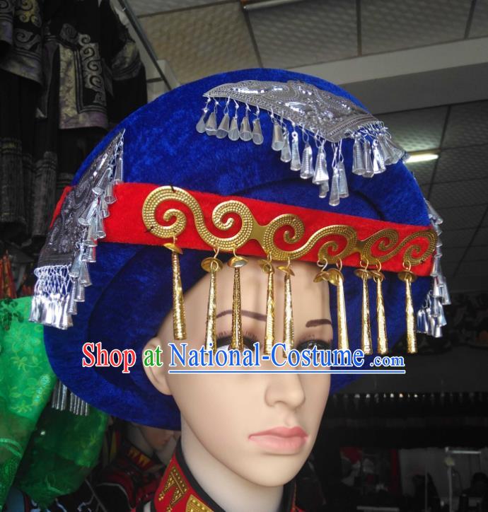 China Yi Minority Wedding Headdress Liangshan Ethnic Group Bride Headwear Handmade Royalblue Velvet Circular Hat