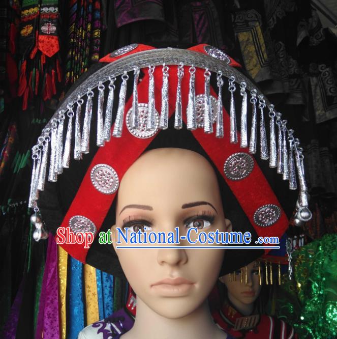 China Handmade Silver Tassel Circular Hat Yi Minority Wedding Headdress Liangshan Ethnic Group Bride Headwear