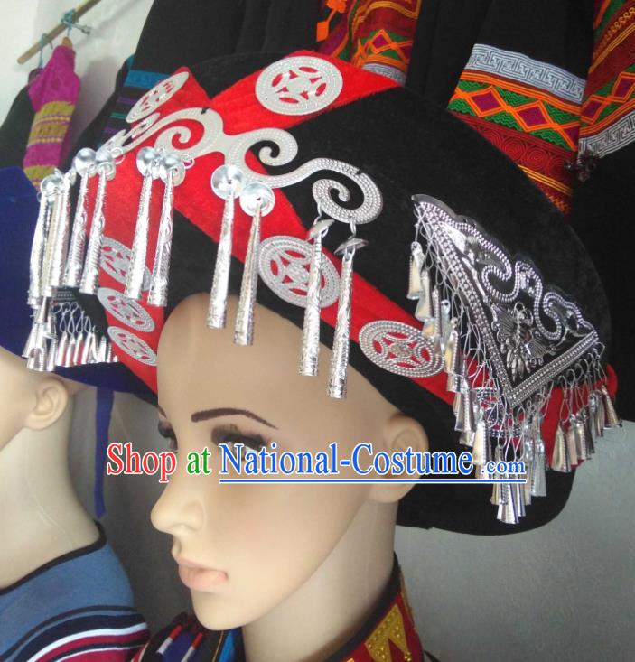 China Yi Minority Festival Headdress Liangshan Ethnic Group Wedding Bride Headwear Handmade Silver Tassel Circular Hat