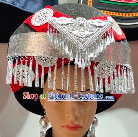 China Handmade Silver Tassel Circular Hat Yi Minority Festival Headdress Liangshan Ethnic Group Wedding Bride Headwear