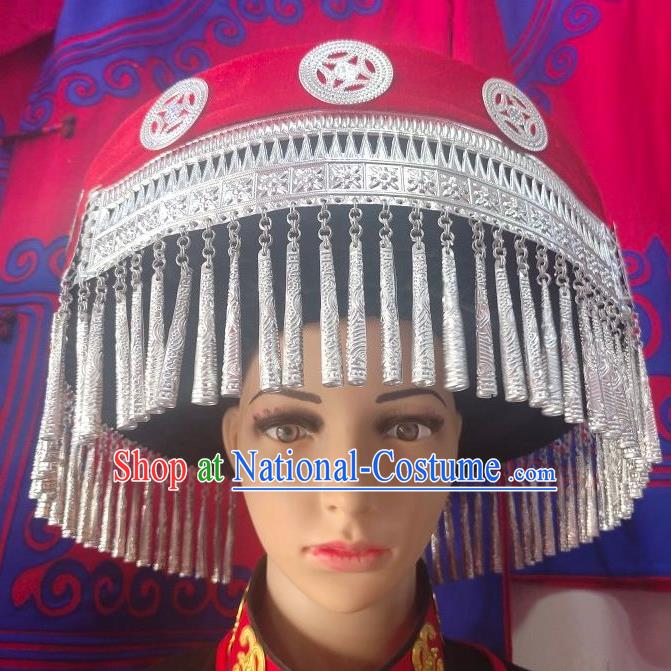 China Liangshan Ethnic Group Wedding Bride Headwear Handmade Silver Tassel Circular Hat Yi Minority Festival Headdress