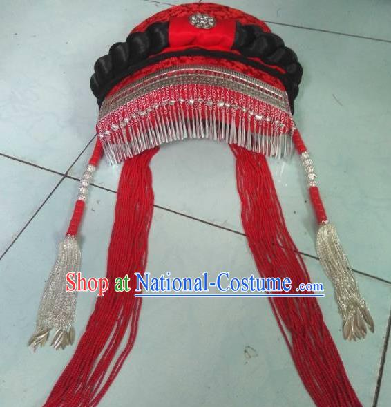 China Liangshan Ethnic Group Folk Dance Headwear Yi Nationality Female Headdress Handmade Minority Silver Tassel Tile Hat