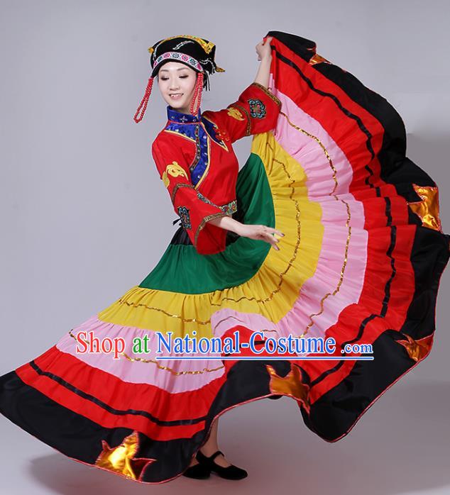 Chinese Liangshan National Minority Performance Garment Costumes Yi Nationality Torch Festival Clothing Ethnic Folk Dance Uniforms