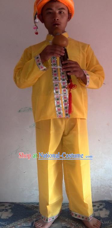 China Yunnan Minority Male Costumes Dai Nationality Folk Dance Clothing Ethnic Cucurbit Flute Performance Yellow Outfits