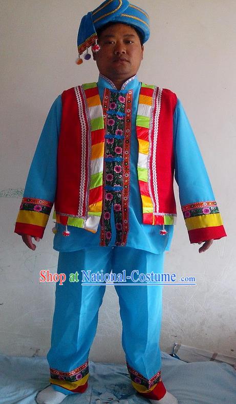 China Ethnic Cucurbit Flute Performance Blue Outfits Yunnan Minority Male Costumes Yi Nationality Folk Dance Clothing