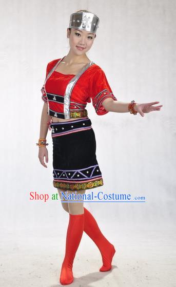 Chinese Wa Ethnic Dance Red Uniforms Yunnan National Minority Dance Dress Va Nationality Performance Garment Costumes