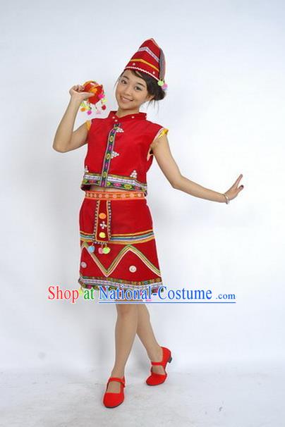 Chinese Yunnan National Minority Performance Dress Va Nationality Woman Garment Costumes Wa Ethnic Dance Red Uniforms and Headpiece