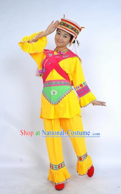 Chinese Yi Ethnic Dance Yellow Uniforms National Minority Performance Clothing Yunnan Nationality Woman Garment Costumes and Hat