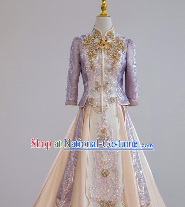 Chinese Traditional Wedding Garment Costumes Ancient Bride Lilac Dress Classical Xiuhe Suits Ceremony Toasting Clothing