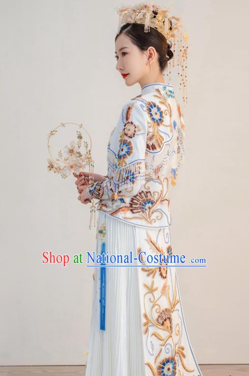 Chinese Classical White Xiuhe Suits Ceremony Toasting Clothing Traditional Wedding Garment Costumes Ancient Bride Dress