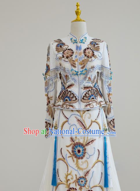 Chinese Classical White Xiuhe Suits Ceremony Toasting Clothing Traditional Wedding Garment Costumes Ancient Bride Dress