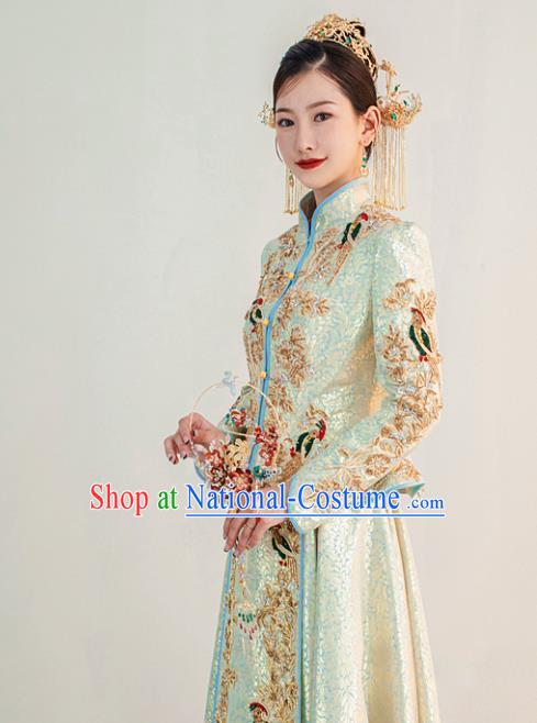 Chinese Ancient Bride Dress Classical Light Blue Xiuhe Suits Ceremony Toasting Clothing Traditional Wedding Garment Costumes