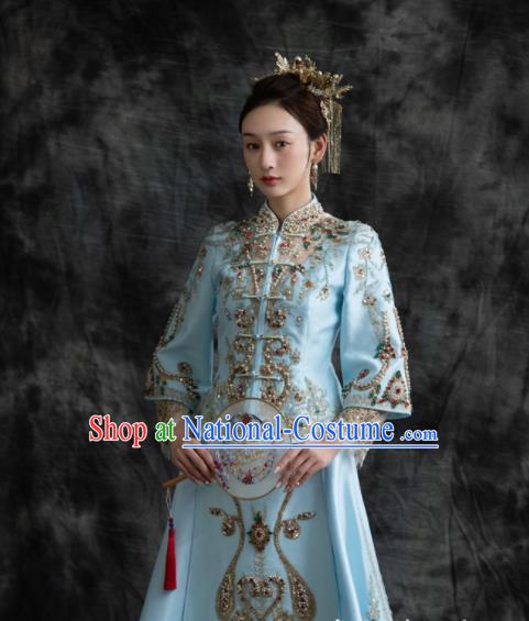 Chinese Traditional Wedding Garment Costumes Ancient Bride Light Blue Dress Classical Embroidery Beads Xiuhe Suits Ceremony Toasting Clothing