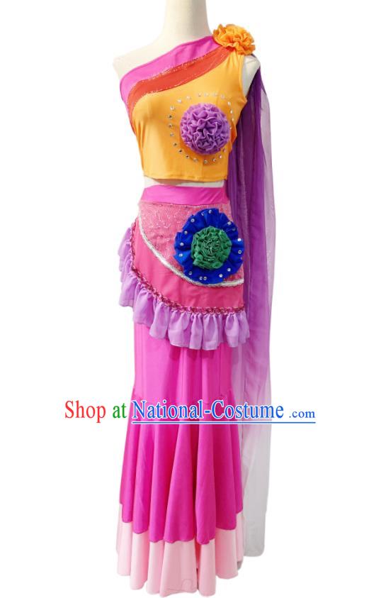 Chinese Dai Minority Dance Rosy Outfits Ethnic Stage Performance Garment Costumes Yunnan Nationality Peacock Dance Dress Clothing