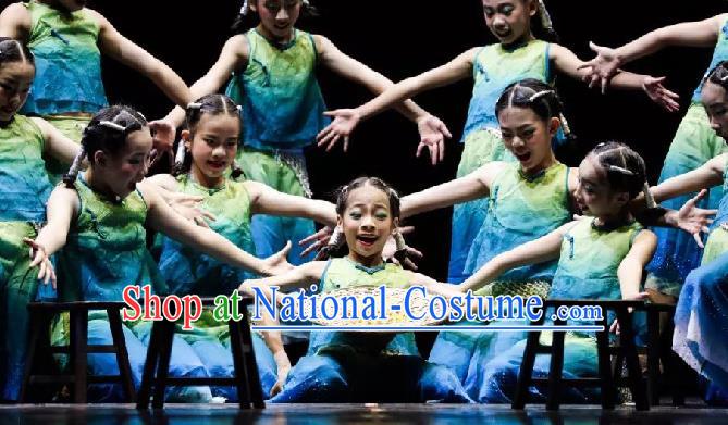 China Yangko Dance Green Outfits Children Dance Fashions Folk Dance Uniforms Fan Dance Costumes