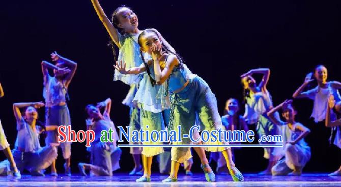 China Yangko Dance Green Outfits Children Dance Fashions Folk Dance Uniforms Fan Dance Costumes