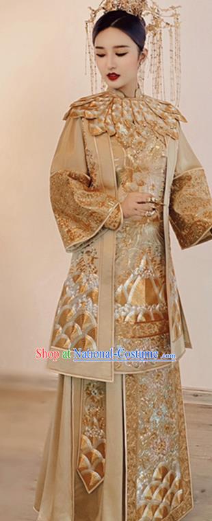 Chinese Traditional Bride Toasting Garment Costumes Ancient Empress Embroidered Dress Classical Golden Xiuhe Suits Wedding Ceremony Clothing