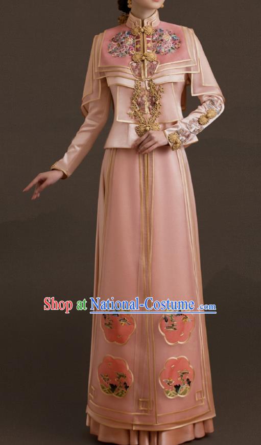 Chinese Wedding Ceremony Clothing Traditional Toasting Garment Costumes Ancient Bride Embroidered Dress Classical Pink Xiuhe Suits