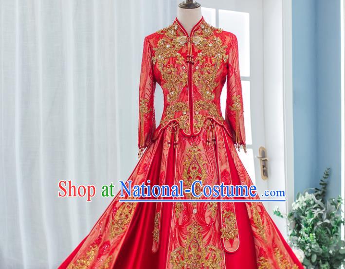 Chinese Classical Embroidered Red Xiuhe Suits Traditional Ceremony Clothing Wedding Toasting Garment Costumes Ancient Bride Dress