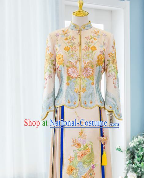 Chinese Ancient Bride Champagne Garment Costumes Classical Embroidered Xiuhe Suits Traditional Hanfu Dress Wedding Ceremony Toasting Clothing