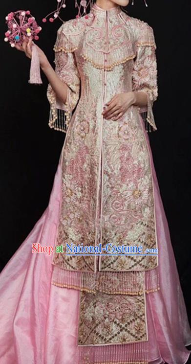 Chinese Bride Toasting Clothing Ancient Empress Garment Costumes Classical Wedding Xiuhe Suits Traditional Embroidered Pink Hanfu Dress