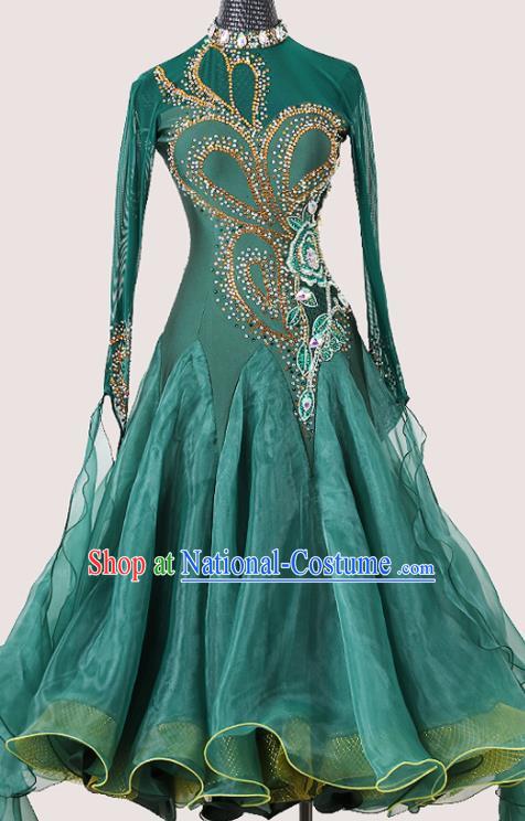 Professional Modern Dance Green Dress International Dance Competition Clothing Woman Waltz Dance Garment Ballroom Dance Fashion Costume