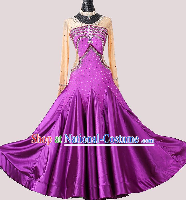 Professional Ballroom Dance Fashion Costume Modern Dance Purple Dress International Dance Competition Clothing Woman Waltz Dance Garment