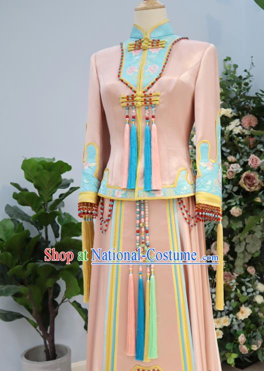 Chinese Ancient Bride Garment Costumes Classical Pink Xiuhe Suits Traditional Embroidered Hanfu Dress Wedding Toasting Clothing