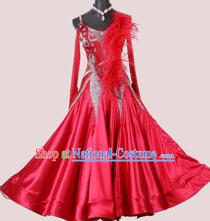 Professional Modern Dance Competition Clothing Woman Waltz Performance Garment Costume Ballroom Dance Wine Red Dress International Dance Fashion