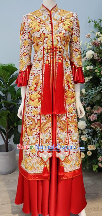 Chinese Wedding Toasting Clothing Ancient Bride Garment Costumes Classical Red Xiuhe Suits Traditional Embroidered Hanfu Dress