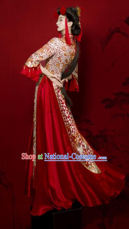 Chinese Wedding Toasting Clothing Ancient Bride Garment Costumes Classical Red Xiuhe Suits Traditional Embroidered Hanfu Dress