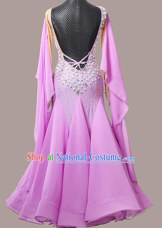 Professional Modern Dance Competition Clothing Waltz Performance Garment Costume Ballroom Dance Violet Dress International Dance Fashion