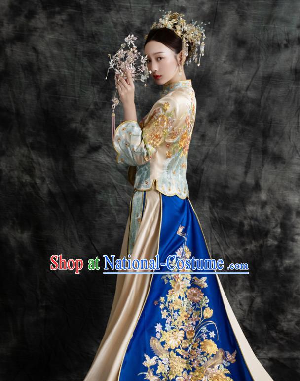 Chinese Traditional Embroidered Trailing Hanfu Dress Wedding Toasting Clothing Ancient Bride Garment Costumes Classical Champagne Xiuhe Suits