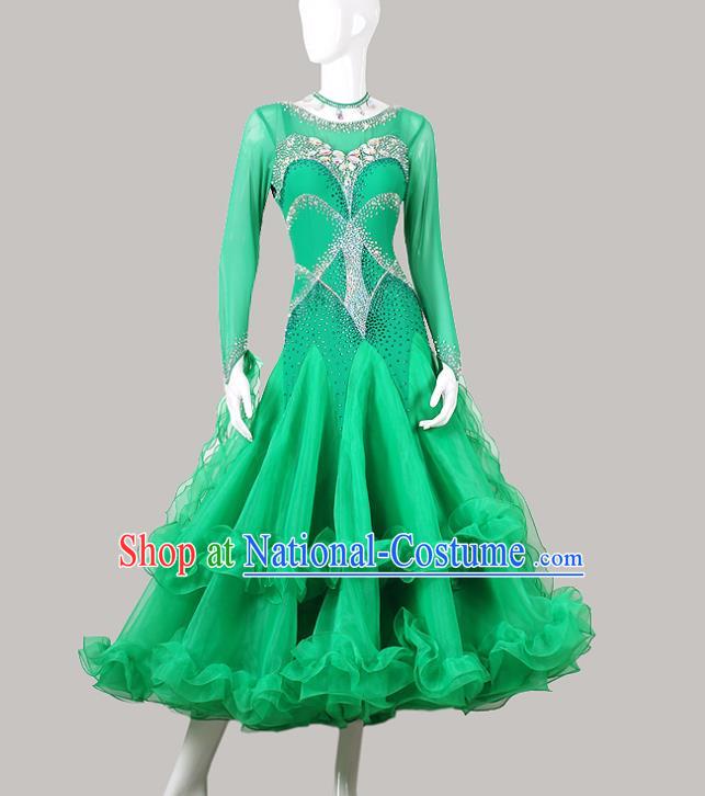 Professional Modern Dance Fashion Waltz Competition Clothing Ballroom Dance Green Dress International Dance Performance Garment